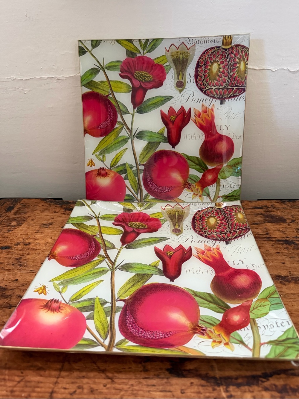 2 Michel Design Works Large 10.75” Glass Pomegranate Botanical Plates Trays
